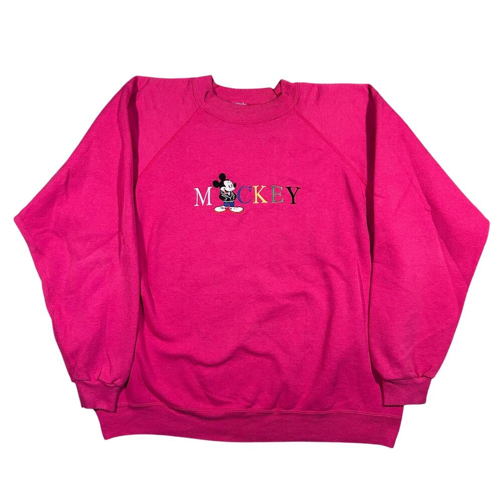Vintage 90s Disney Mickey Mouse Embroidered Pink Crewneck Sweatshirt Mens XL